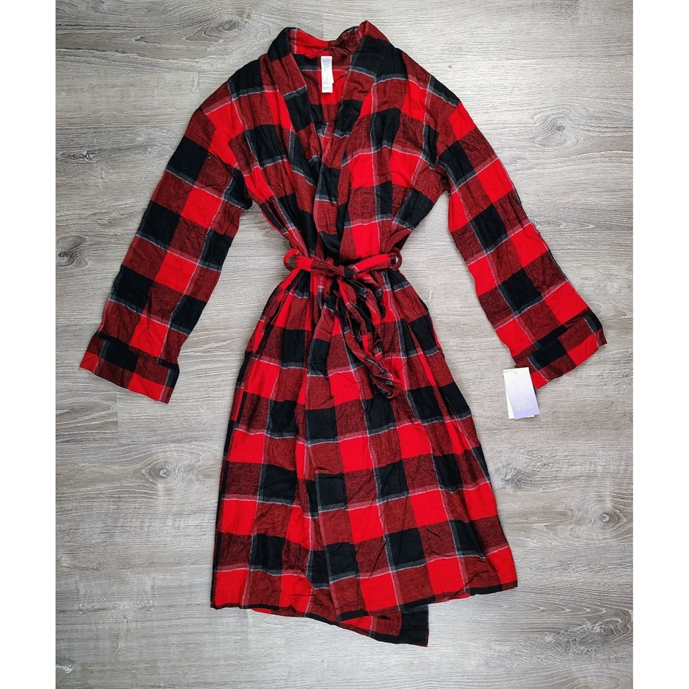 Stars Above Cozy Flannel Robe Womens‎ XS/S Red Buffalo Plaid Long Sleeve NEW